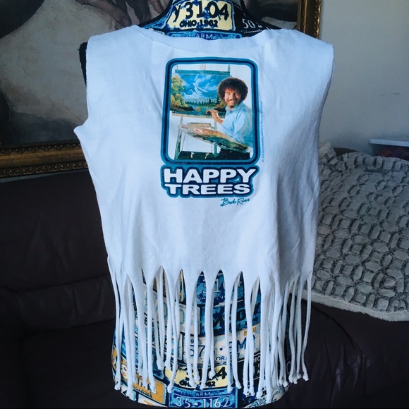 ~HP~ OOAK Bob Ross Happy Trees Fringe Crop Tank - Picture 5 of 9